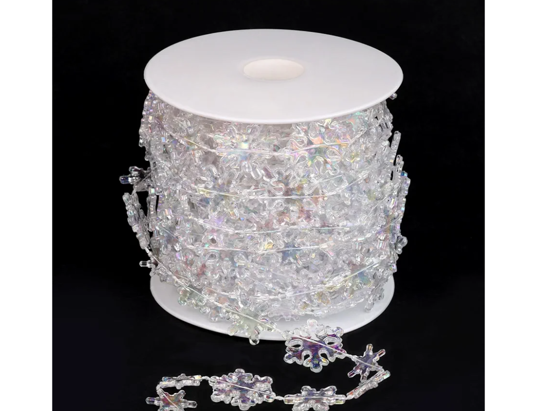 33FT Acrylic Crystal Snowflake Garland Strand, Iridescent Crystal Beaded Garland for Christmas Tree Wedding Birthday Party Decorations