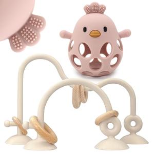 Baby High Chair Suction Toys Teething Chew - Baby Table Toys, Teething Toys Silicone Teethers, Food Grade Silicon for 6 12 18 Months (Beige Rosepink)