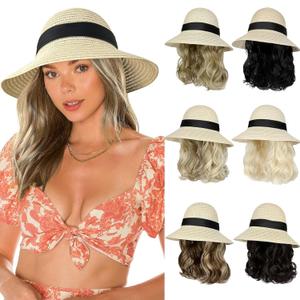 Sun Hat with Hair Extensions Hat Wig UPF 50+ Foldable Wide Brim Straw Beach Hat Attached 9" Wavy Hairpiece Synthetic for Women Summer Dark Brown