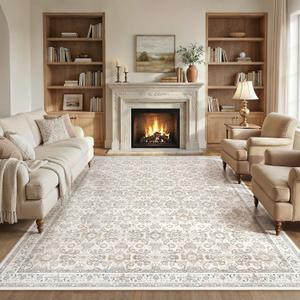WITSHOCK 8x10 Area Rugs for Living Room: Washable Rugs Vintage Floral Carpet for Bedroom Office Dining Room Nursery, Non Slip Stain Resistant Soft Thin Retro Rug, Camel/Beige