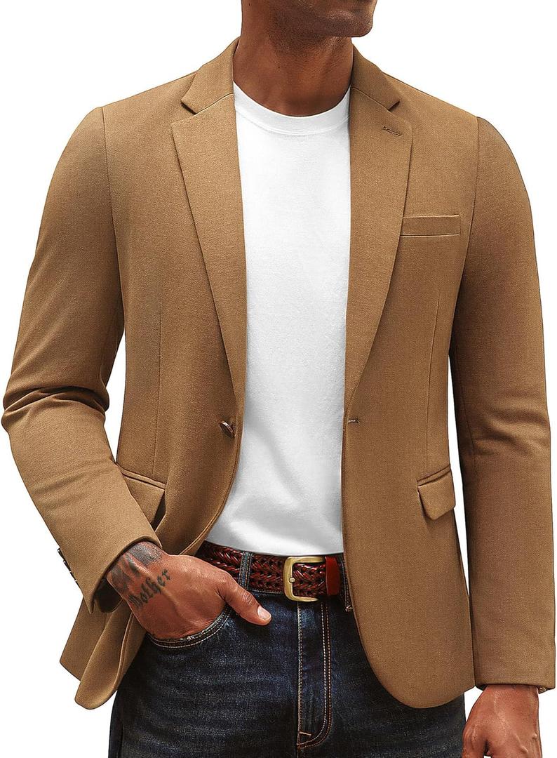 PJ PAUL JONES Men's Casual Knit Sport Coats One Button Slim Fit Blazer Notch Lapel Solid Suit Jacket with Pockets (Large, Brown)