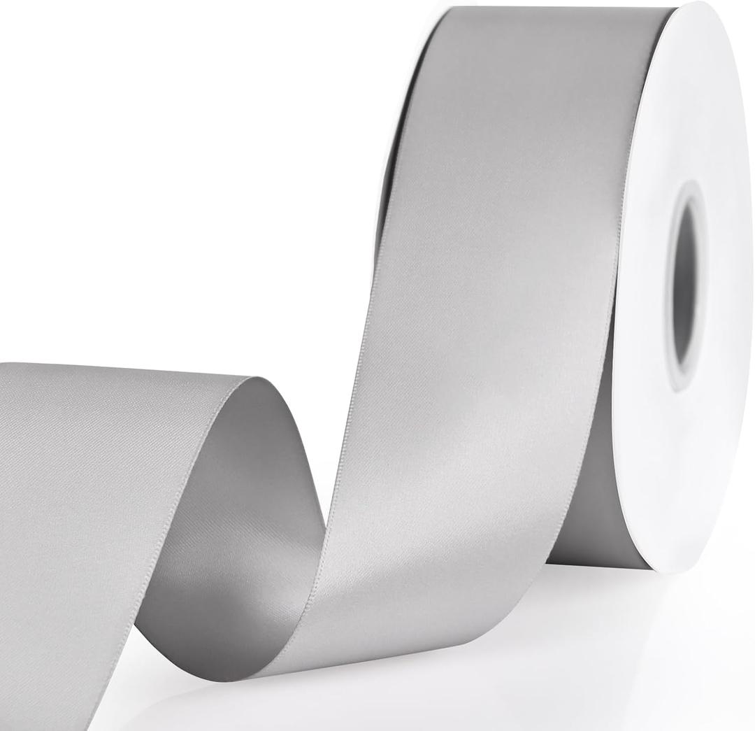 Grey Ribbon, Double Face 2 Inch x Continuous 50 Yards Grey Satin Ribbon for Gift Wrapping, Wedding Decoration and Floral Bouquets