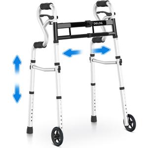 Delog Narrow Folding Walker for Seniors, 3 in 1 Folding Walker with 5 Front Wheels Width Adjustable Compact Standard Walker Support Up to 350lbs (Black)