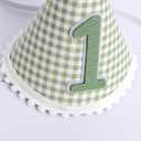 1st Birthday Hat for Baby Boy Girl-Green Gingham First Birthday Cap with Number 1 & Pom Poms, Cute Photo Prop for Baby's 1 Year Old Milestone Party