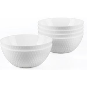 LaGlint 27 OZ Max Cereal Soup Bowl Set of 6, Opal Glass 7.2 inch White Geometric Faceted Bowls for Ramen, Noodle, Salad, Fruit, Dishwasher and Microwave Safe