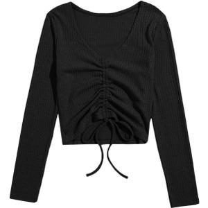 SweatyRocks Women's Long Sleeve V Neck Crop Top Drawstring Ruched Tee Shirt (X-Large, Black)
