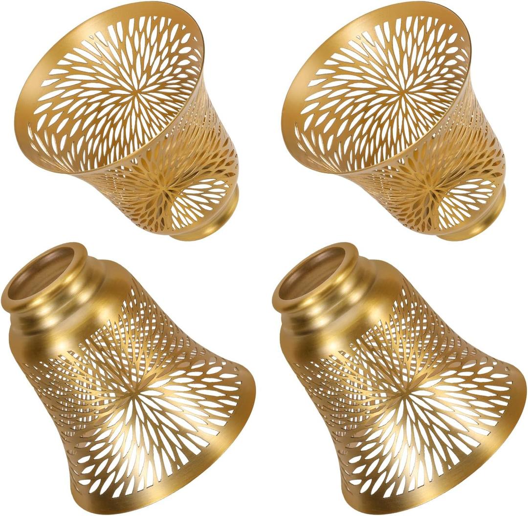 Ceiling Fan Replacement Globes, 4 Pack Chrysanthemum Pattern Fixture Replacement Globes Shades with 1-5/8" Fitter, ALUCSET 4.5" Height 4-3/4" Diameter, Metal Cover for Pendant Lamp-Yellow Brass&Gold