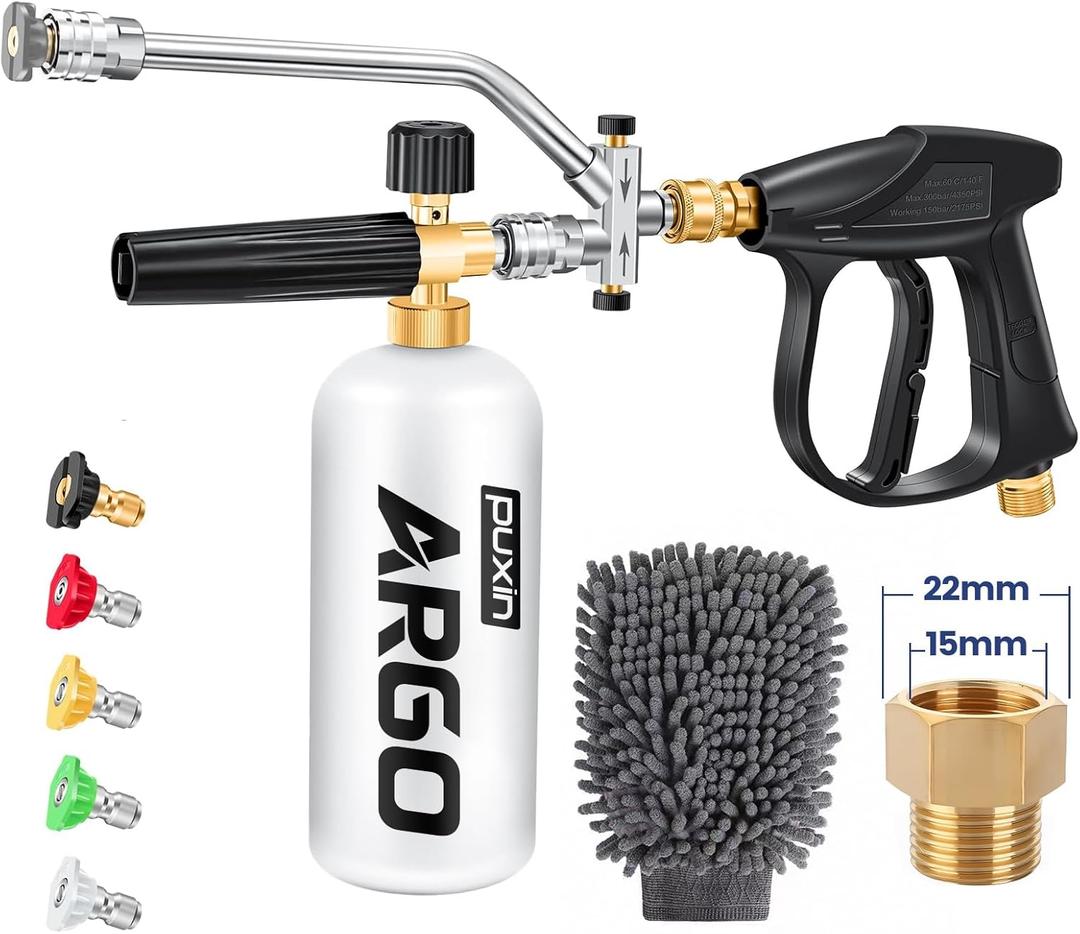Foam Cannon for Pressure Washer, Stubby Gun with Dual Connector (M22-15mm Adapter + Wash Mitt), 5 Nozzles Tips, 4000 PSI Pressure Washer Gun, 1/4" Quick Connect for Auto/Home, 1 Liter