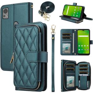 Argyle Wallet Case for Cricket Icon 5 SL112C/AT&T Motivate 4 SL112A with Wrist Strap Shoulder Strap, 9+ Card Slots Zipper Purse Stand Checkered Phone Cover for Icon5/ATT Motivate4 Green