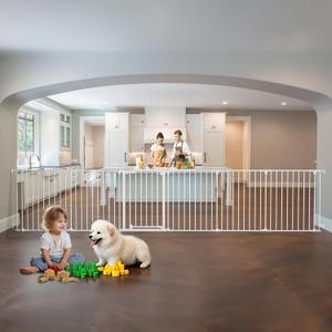 150" Extra Wide Baby Gate, Play Yard Child Safety Gate, Dog Gates with Auto-Close Door, Double Locking System for The House Doorways, Fireplace, Kitchen, 6-Panels, 30" Tall (White)