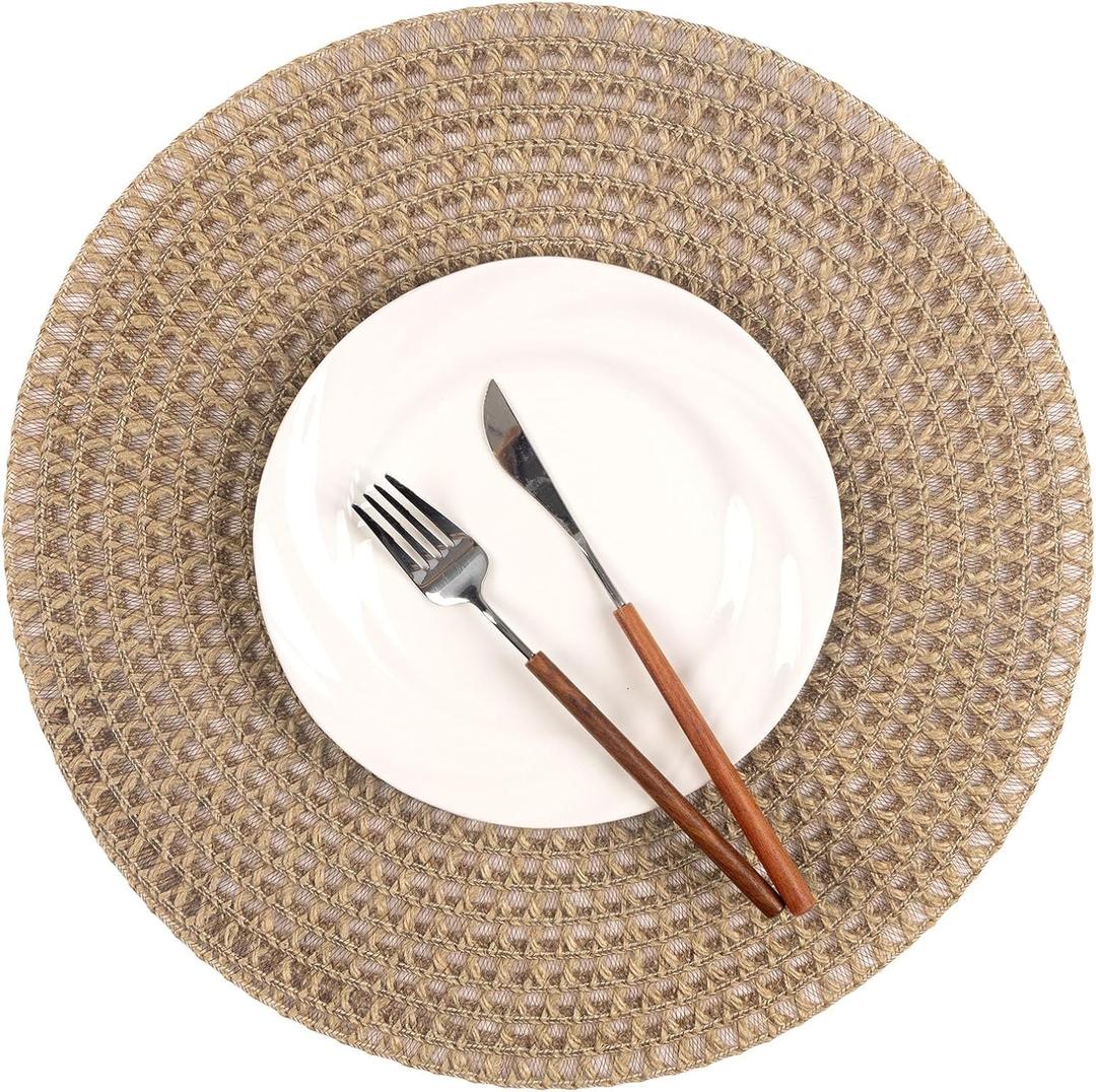Noctiflorous Round Burlap Placemats Set of 6 Jute Rustic Place Mats for Dining Table Heat Resistant Natural Farmhouse Table Mats Decor (Jute Knit, 6)