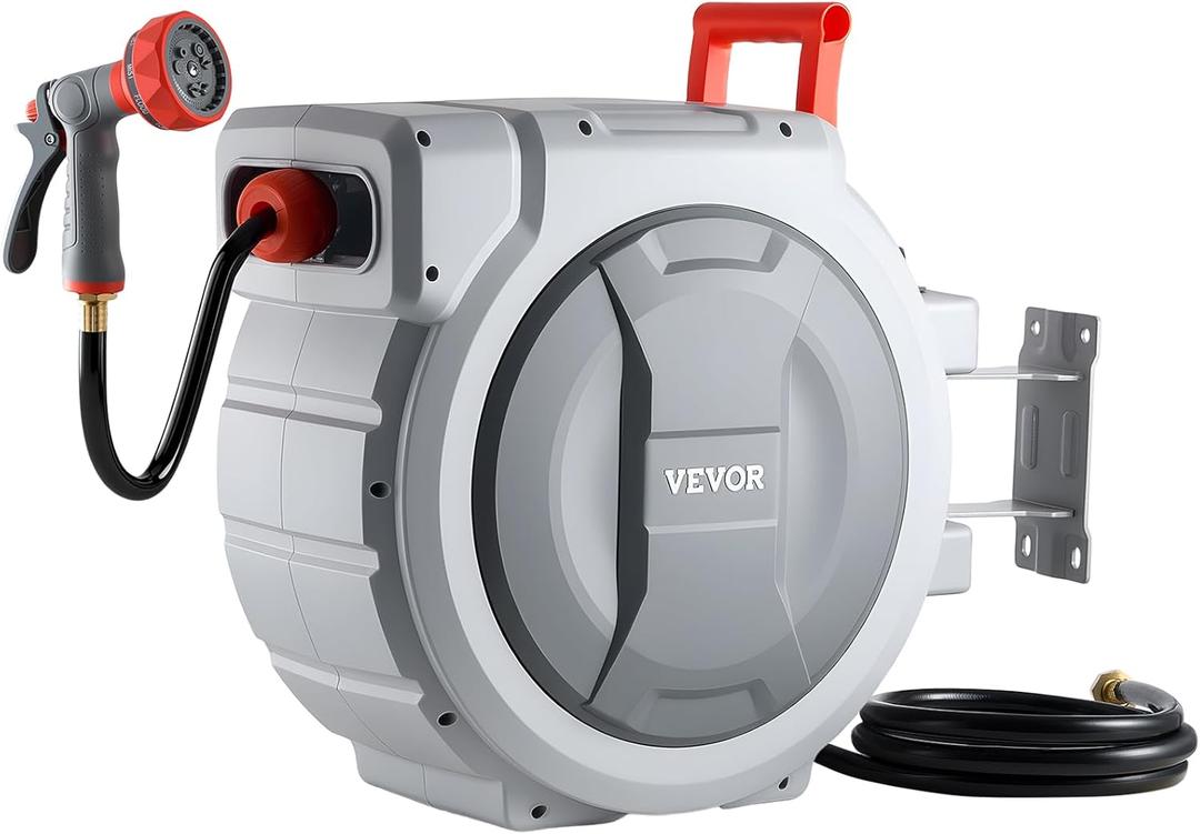 VEVOR Retractable Garden Hose Reel, 1/2 in x 130 ft, Wall Mounted Hose Reel with 9-Function Sprayer Nozzle and 180 Swivel Bracket, Any Length Lock, Automatic Slow Rewind System, for Garden Watering