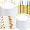 350 PCS White and Gold Plastic Dinnerware Set for 50 Guests, Disposable Party Plate for 50 Guests, Include: 100 Plastic Plates, 50 Pre Rolled Napkins with Gold Silverware, 50 Cups