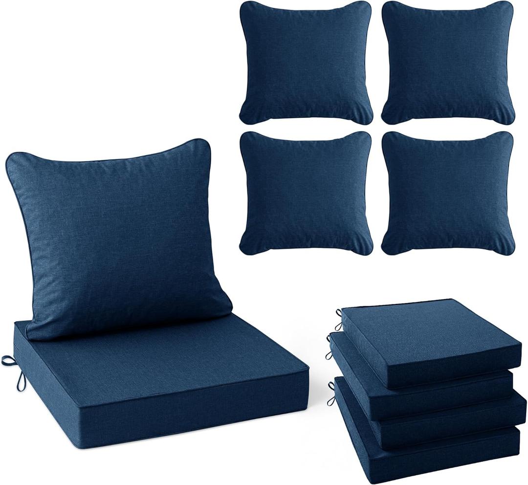 Summsun Outdoor Chair Cushions, Faux Linen Backrest and Deep Seat Cushion Set for Patio Furniture with Weather Resistant Removable Cover, Ties, Non-Slip Bottom, 24 x 24 Inch, Navy, Set of 4