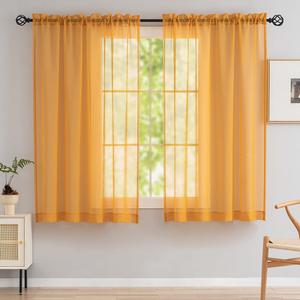 Sheer Curtains for Windows, Window Treatments Semi Crinkle Curtains, Rod Pocket Sheer Privacy Curtains 63 inch Length 2 Panels Set for Living Room Bedroom Kitchen Babyroom Set of 2, 52"x 63", Yellow