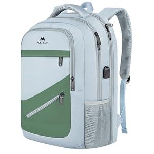 MATEIN Large Laptop Backpack for Women, Stylish 17 Inch Lightweight Outdoor Bag with USB Charging Port & Luggage Strap, Water Resistant Travel Computer College Backpack, Blue Green