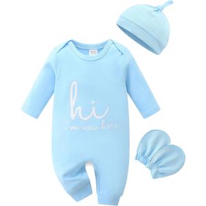 Cute Newborn Unisex Baby 100% Cotton Long Sleeve Onesie Coming Home Outfits,Soft Romper with Mittens & Hat (Blue)