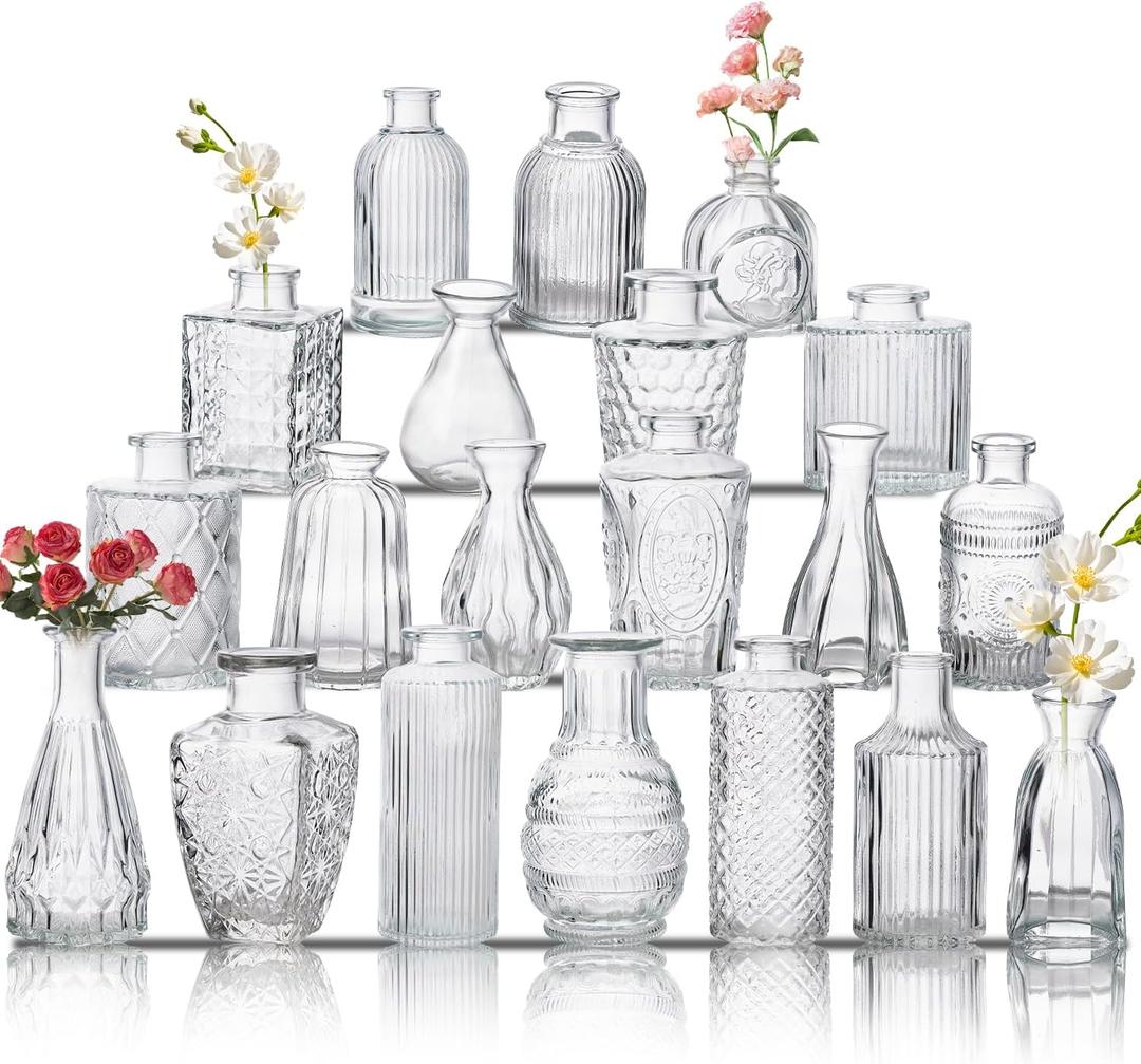 Glass Bud Vase Set of 20, Small Flower Vases, Glass Vases for Centerpieces, Vintage Home Table Decorations Bud Vases (20 Pcs, Clear)