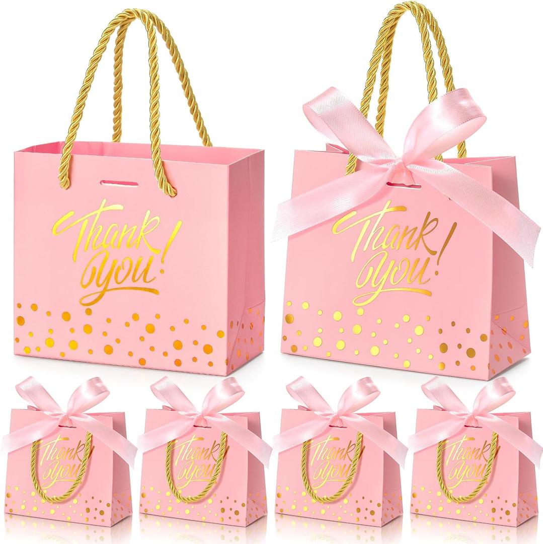 EQOREIIN Small Thank You Gift Bags 50pcs 5.5x2.5x4.7 Inches Small Gift Bags with Handles Bow Ribbon Pink Paper Bags for Party Favor, Mother's DayValentine's Day, Wedding, Baby Shower (Pink)