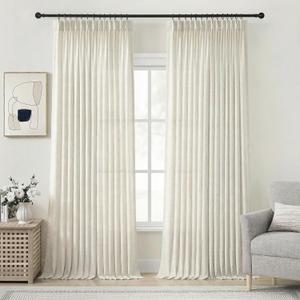 PANGSINNE 90 Inch Pinch Pleated Linen Curtains - 2 Panel Set Semi Sheer Curtain for Living Room Back Tab Cream Natural Textured Drapes Birch Ivory for Dining Office