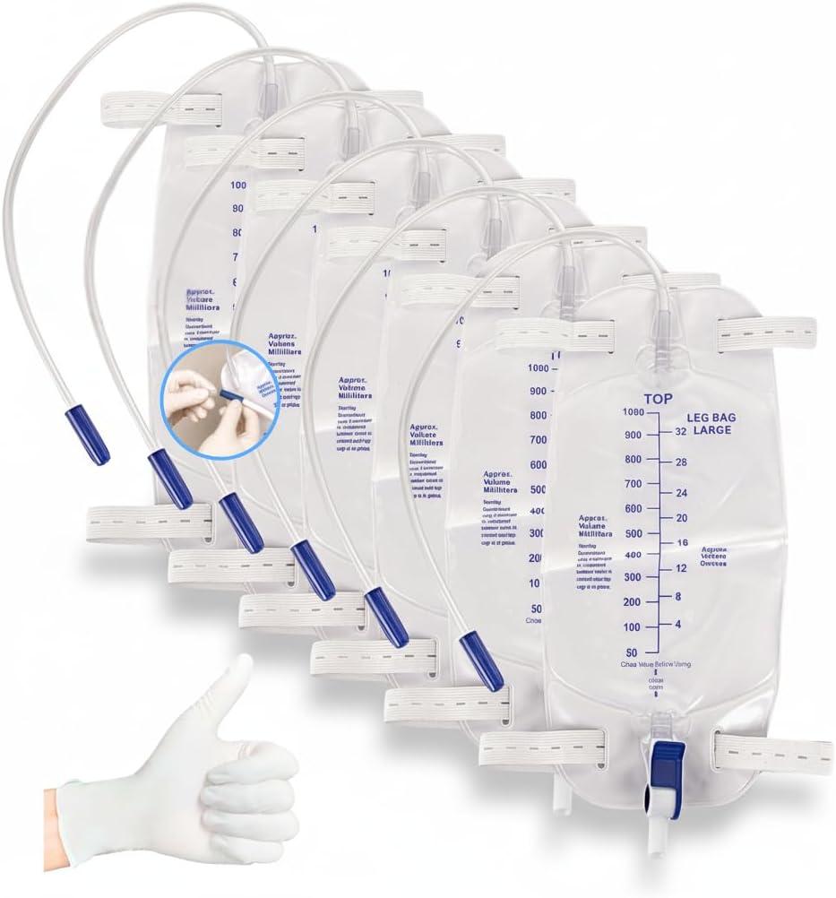 Leg Bag 1000mL/33.8oz Urinary Catheter for Men, WomenFoley Catheter Leg Bag Anti-Reflux Valve, Easy Flip Drain, 18" Tubing, Adjustable Leg Cloth Straps6-Pack with 6 Pairs Gloves (1/Bag)