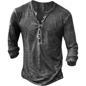 Beotyshow Mens Distressed Henley Shirts Front Placket Retro Long Sleeve Tee Shirts Casual Button Down Washed T-Shirts for Men (Black, XL)