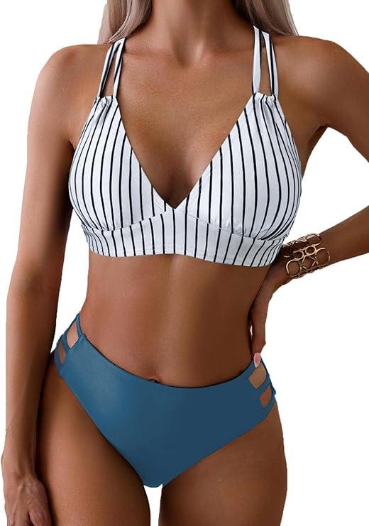 Fanuerg Women's Sexy V Neck Bikini Sets Hollow Out Two Piece Swimsuits Cutout Mid Waist Bathing Suit (XX-Large)