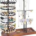 Jewelry Organizer Stand, Metal Rotating Earring Holder Organizer, Multi-Functional Adjustable Necklace Rack Holder Bracelet Watch Holder for Jewelry Earrings Ring, Black (Black-Brown Wood)