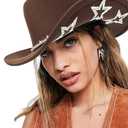 Bling Rhinestone Western Cowgirl Hat for Women Men, Rolled Up Sparkly Star Felt Fedora, Retro Turquoise Cowboy Hat
