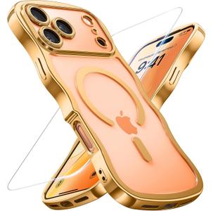 for iPhone 16 Pro Max Case: [Cute Wave Frame][Fit for MagSafe] Military Drop Shockproof Protection, Camera Protective Glossy Slim Magnetic Wavy Phone Cover for Women Girls 6.9'', Clear/Dessert