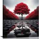 Red Tree Wall Art Zen Stone River Pictures Wall Decor Modern Landscape Nature Canvas Prints Black and White Painting Framed Artwork Decoration for Bathroom Living Room Bedroom Office 16"x24"