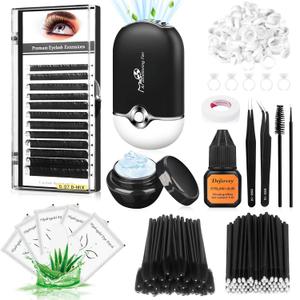 Eyelash Extension Kit - Individual Lash Extensions Supplies with 0.07D Curl Mix 8-15mm, Glue, Remover, USB Lash Fan, Tweezers, Eye Gel Pads, Micro Brushes, Mascara Brushes (Black)