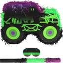 Green and Purple Monster Truck Pinata Car Pinata with Stick and Blindfold for Kids Boys Monster Truck Birthday Decorations Racing Car Birthday Party Supplies Carnival Party Favors(15.75*11*2.36 Inch)