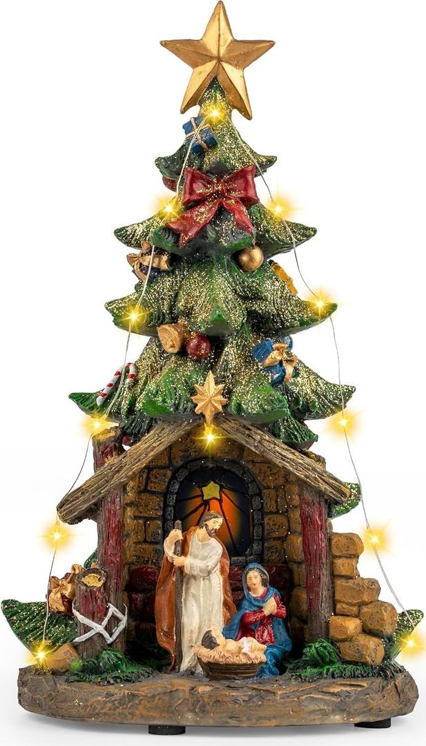 Candieslife Musical Christmas Tree Nativity Scene with Figurines LED Light, Christmas Holy Family Nativity Scene for Xmas Decor Gift, Tabletop Decorative Home Christmas Ornaments