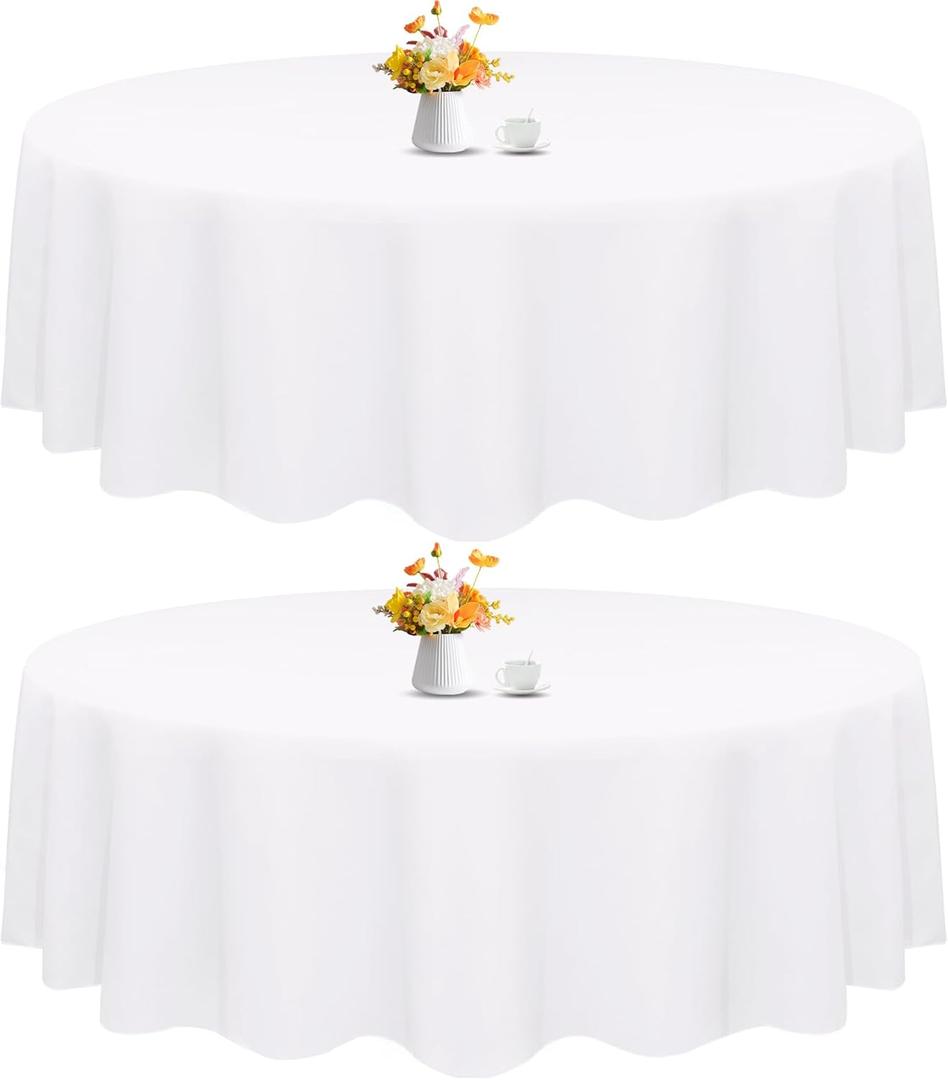 HAISIWLKJ 2 Pack 120 Inch White Round Tablecloth for Round Table Washable Reusable Outdoor Polyester Fabric Decorative Table Cover for Dining, Buffet, Camping, Baby Shower, Party