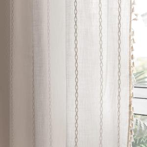 Deeprove White Boho Curtains 63 inches Length for Nursery Bedroom Christmas Decor, Bohemian Embroidery Farmhouse Cream Tassel Cotton Linen French Country Window Treatments, W52 x L63, 1 Panel