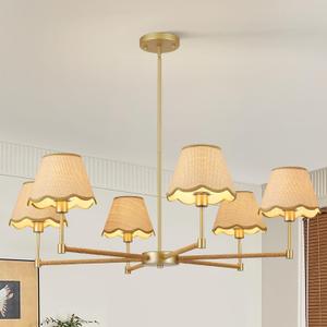 Farmhouse Rattan Chandelier Light Fixture, 6-Light Boho Chandeliers for Dining Room, Adjustable Rustic Pendant Light Large Modern Gold Hanging Lighting for Kitchen Island, Living Room