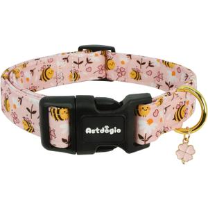 Dog Collar for Spring Summer, Pink Dog Collars with Bee & Flowers, Adjustable Cotton Puppy Dog Collars, Cute Girl or Boy Dog Collar Ideal for Small Medium Large Dogs,Pet Accessory,L