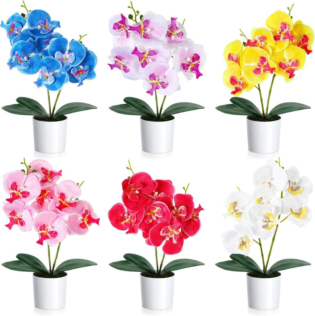 Thiccywoov 6 Pcs Fake Orchids Flowers in Pot 6 Colored Artificial Orchid Flowers with Plastic Vase Washable Silk Orchid Phalaenopsis Decor for Table Centerpiece Home Decor Office Wedding Party