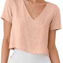 IDEALSANXUN Womens Short Sleeve Linen Shirts Casual Spring Summer V Neck Cute Crop Beach Blouse Tops (Pink, S)