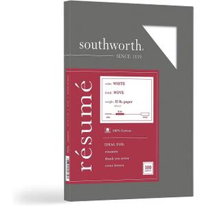Southworth 100% Cotton Resume Paper, 8 1/2" x 11", 32 Lb, 100% Recycled, White, Pack of 100