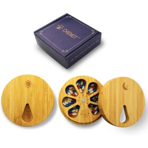 AM&PM Set of 2 Bamboo Wood Pill Organizer for Medicine Vitamin 2 Times a Day, Arthritis Friendly 7-Day Pill Box Medium Container Holder Weekly, Daily Portable Travel Pill Case