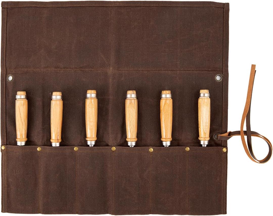Chisel Roll,6 Pockets Roll Up Tool Pouch,Waxed Canvas Small Tool Roll Organizer and Wrench Roll Up Pouch,Store Chisel,Wrench,Pliers,Carving Knife (Brown)