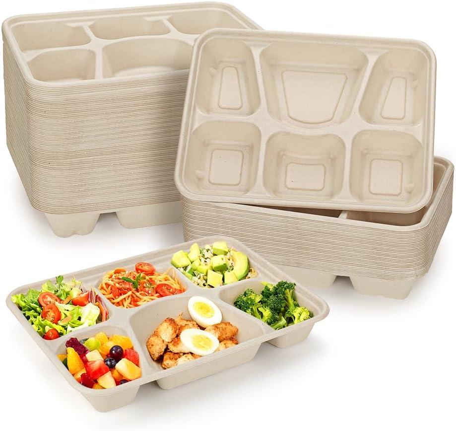50 Pack 6 Compartment Disposable Paper Plates, Compostable Bagasse School Lunch Tray, Biodegradable Sugarcane Food Sectional Plates, Heavy-Duty Divided Platter Tray for Buffet Party, Microwave Safe