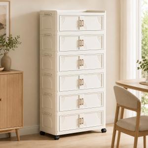 6-Tier Foldable Storage Cabinet with Doors and Locking Wheels
Tall white PP cabinet, 30 lb per tier; magnetic double doors, raised top tray, snap-fit tiers, and 360° locking wheels