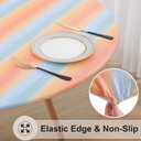 misaya Round Fitted Tablecloth with Elastic Edge, 100% Waterproof Oil Proof Plastic Table Cover, Vinyl Flannel Backed Tablecloth Fits 45"-56" Round Tables for Dinner, Outdoor, Picnic, Rainbow Striped