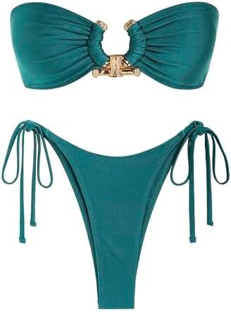 ZAFUL Metal Ring Bandeau Bikini Set Tie Side Bathing Suit High Cut 2 Piece Swimsuit Cutout Swimwear M