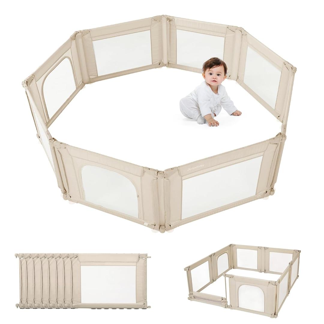 Doradotey Adjustable Baby Playpen with Adult Door, Foldable Large Playpen for Babies and Toddlers, Breathable Mesh Indoor Baby Playard, Safe Fence, 59 x 59 Inch, Khaki