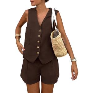 PRETTYGARDEN Women's Summer 2 Piece Outfits Sleeveless Matching Sets Button Down V Neck Vest Waistcoat and Pockets Shorts (Medium, Dark Coffee)