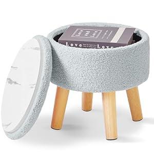 IBUYKE 13 Inch Foot Stool Ottoman with Storage, Round Small Foot Rest with Padded Seat and Wood Legs, Teddy Velvet Mini Footstool for Living Room Couch Bedroom Entryway, Gray-Blue WBD006H